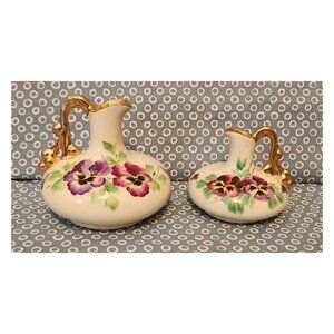 Two ~ Vintage Le Pere Mini Hand Painted Pansy Pitchers/ Vases with Gold Trim